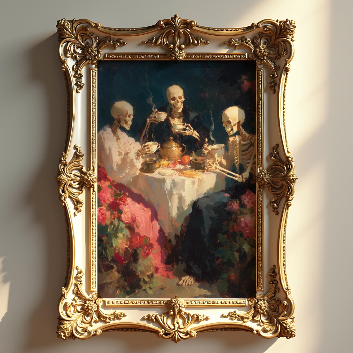 Vintage Skeleton Tea Party Haunted Halloween Elegant Art Poster