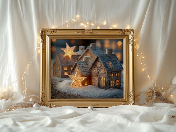 Cozy Scandinavian Winter Village Snowy Houses Lights Wall Art