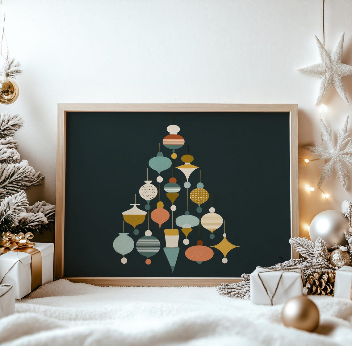 Modern Mid Century Retro Ornament Christmas Tree Festive Wall Art