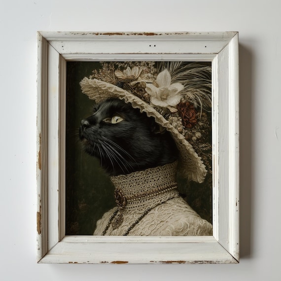 Victorian Black Cat Portrait Vintage Halloween Oil Painting Autumn Gothic Decor Fall Wall Art Elegant 229