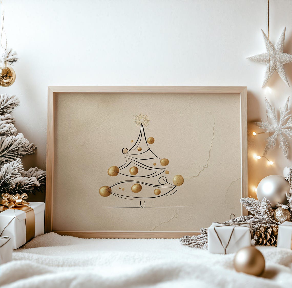 Minimalist Christmas Tree Line Art Gold Ornaments Modern Print