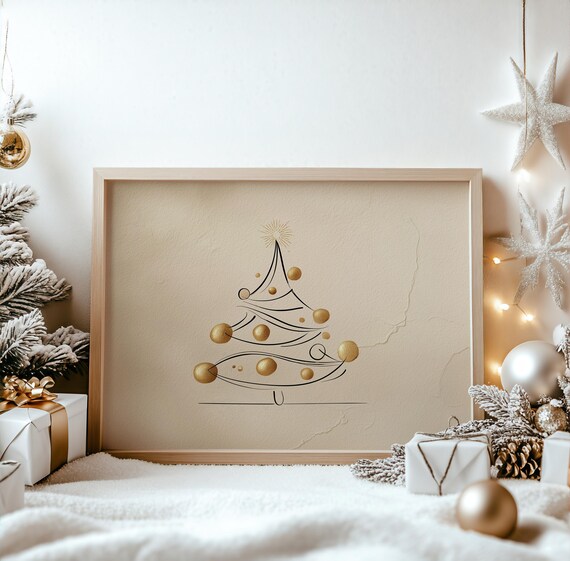 Minimalist Christmas Tree Line Art Gold Ornaments Modern Print