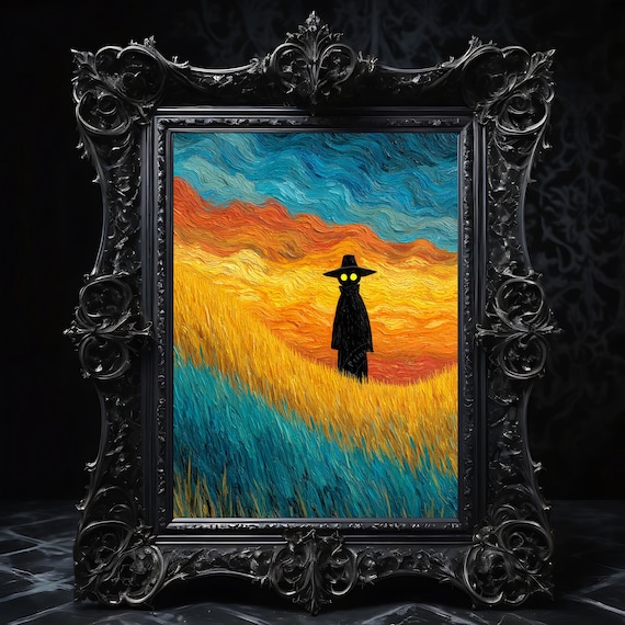 Haunted Cornfield At Dusk Spooky Autumn Scarecrow Vintage Fall Decor Rustic Halloween Wall Art Moody Night Scene 174