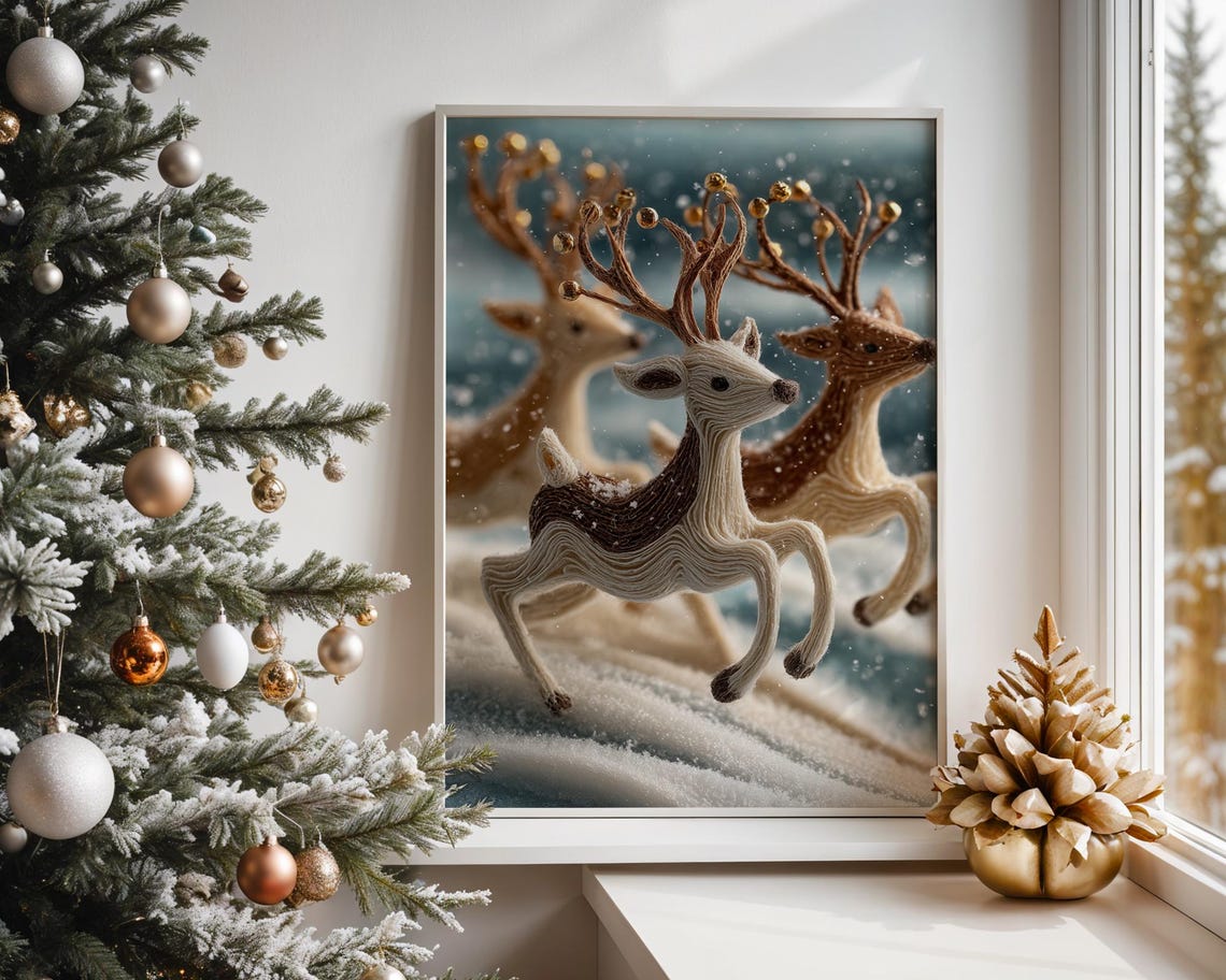 Christmas Reindeer Leap Antlers With Bells Festive Winter Poster