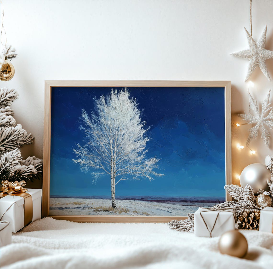 Frosty Birch Tree White Branches Deep Blue Winter Night Art Poster