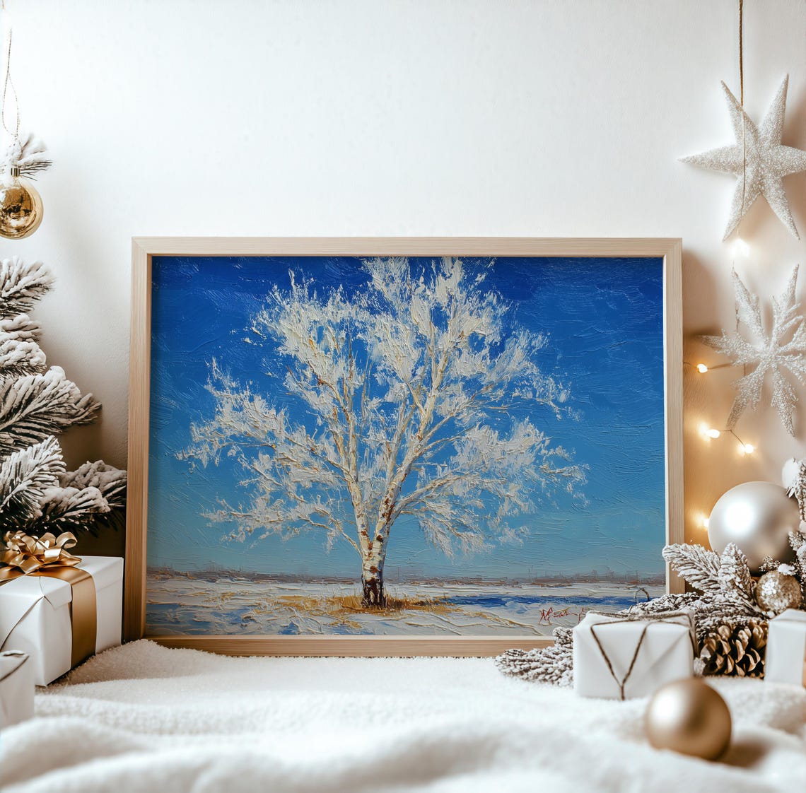 Frosty Birch Tree Against Vivid Cobalt Blue Sky Winter Poster