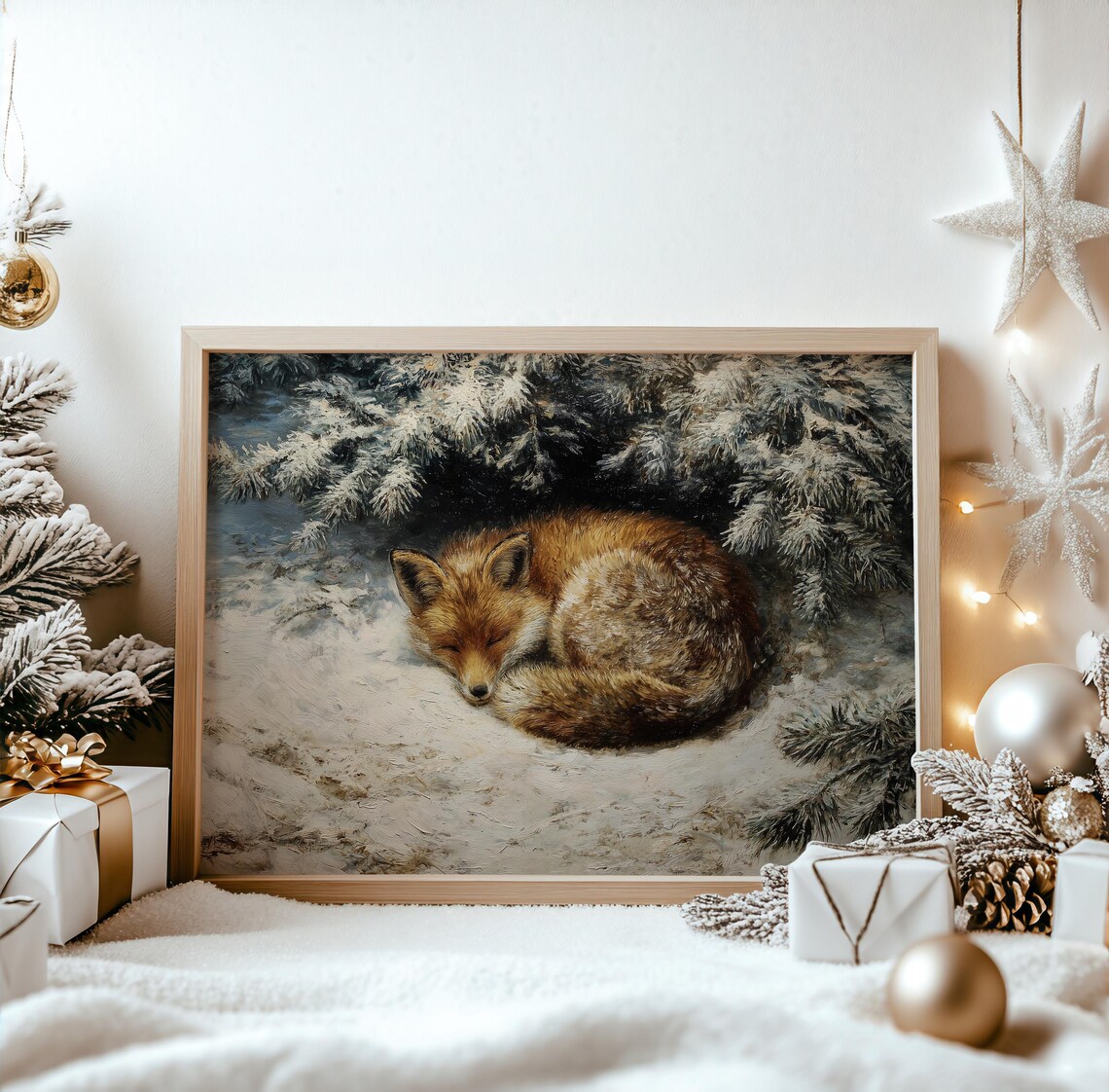 Winter Fox Sleeping in Snow Rustic Christmas Art Print