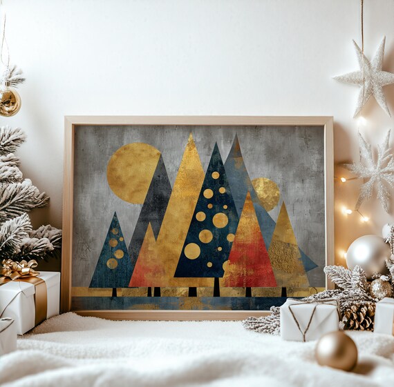 Abstract Modern Christmas Trees Festive Geometric Art Winter Holiday Decor Colorful Wall Print 633