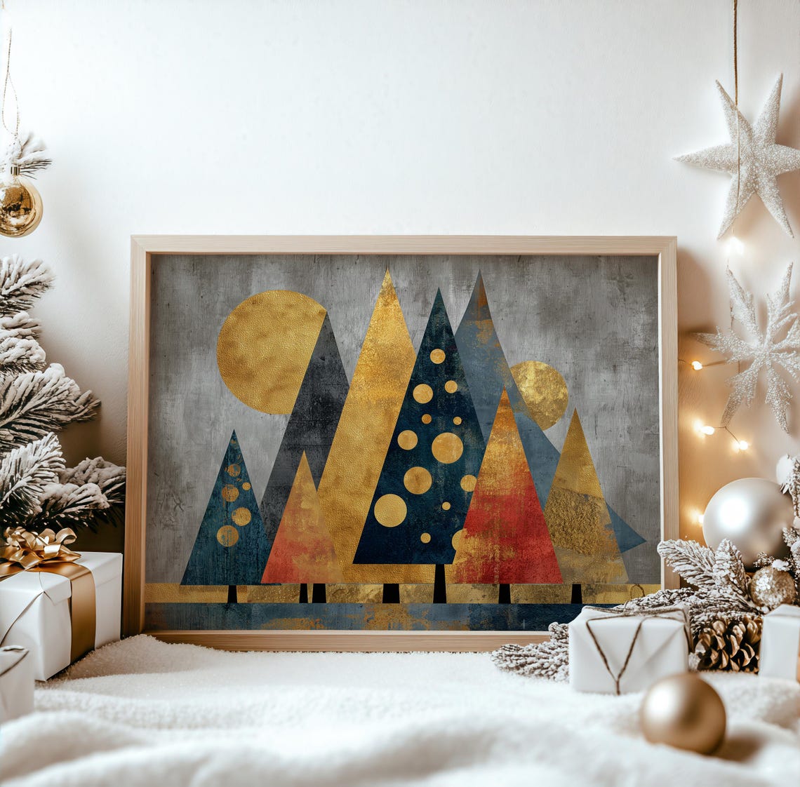 Geometric Christmas Trees Gold Navy Red Moon Modern Holiday Poster