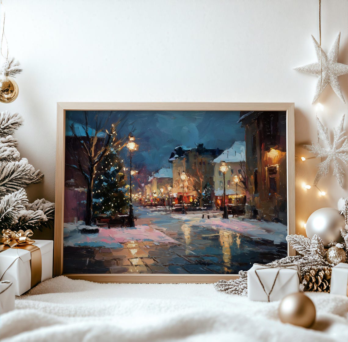 Snowy Christmas Town Square Night Street Lamps Painting Poster