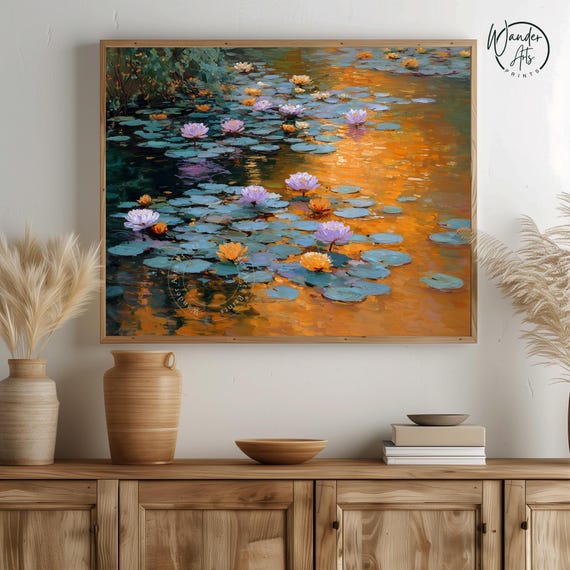 Serene Water Lily Oil Painting Monet Style Tranquil Lake Scene Vintage Landscape Wall Art Rustic Home Decor Print 510