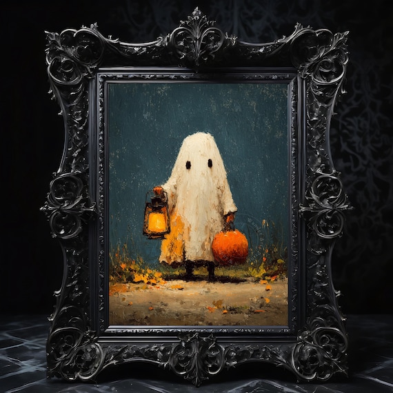 Rustic Halloween Oil Painting Vintage Lantern Art Cute Holding Fall Holiday Wall Decor Artwork 162
