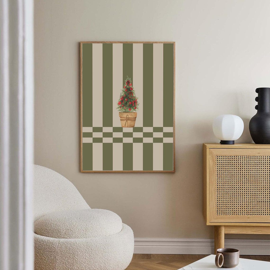 Olive Green Striped Potted Christmas Tree Retro Holiday Wall Art - Image 3