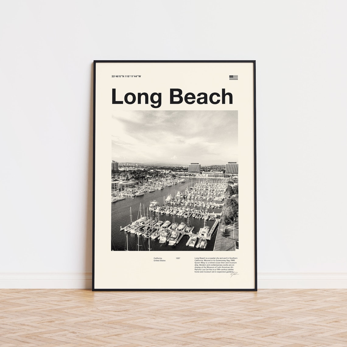 Long Beach California Coastal Marina Black And White Travel Poster