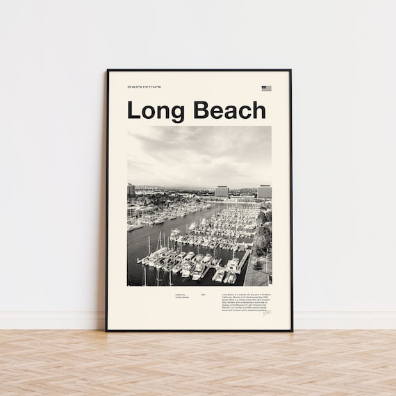 Long Beach California Coastal Marina Black And White Travel Poster