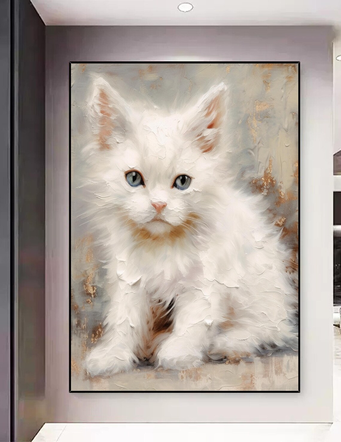 White Fluffy Kitten Blue Eyes Impasto Oil Painting Cat Wall Poster - Image 4