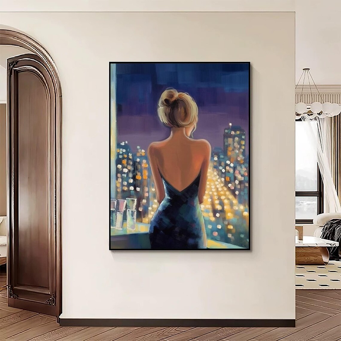 Woman Back View Evening Dress Night City Lights Balcony Art Poster - Image 4