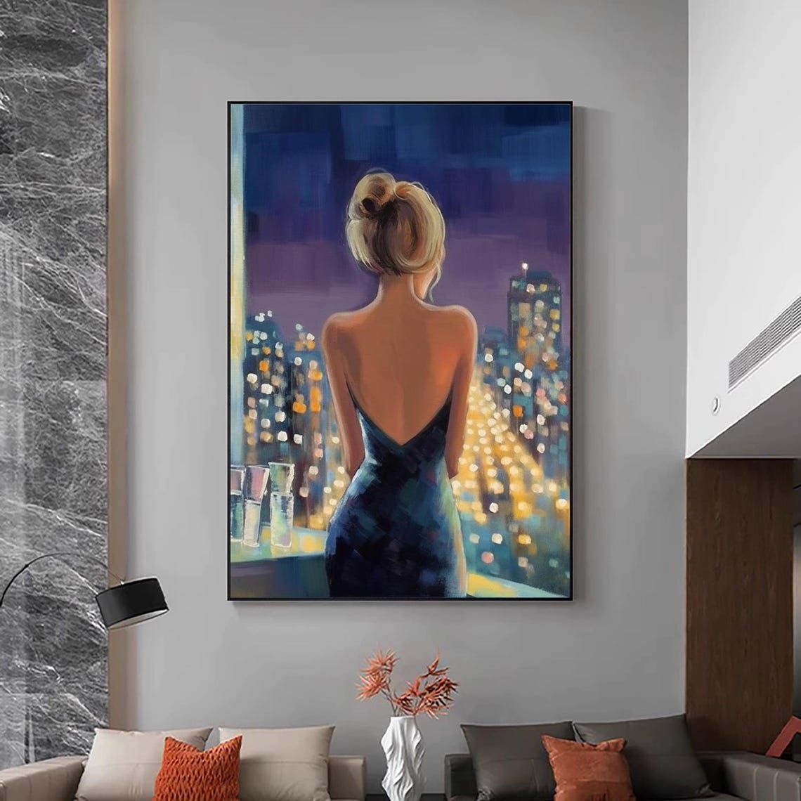 Woman Back View Evening Dress Night City Lights Balcony Art Poster - Image 3