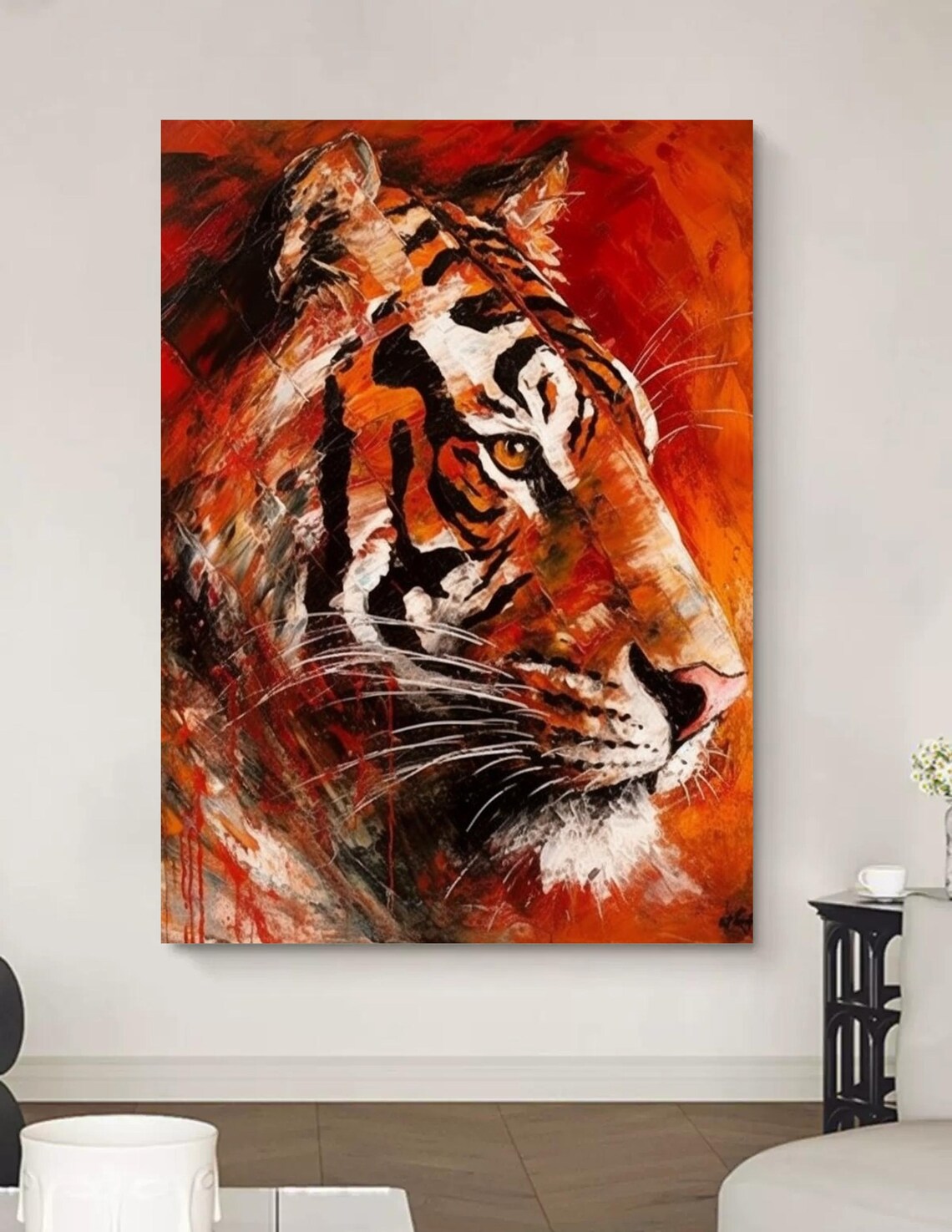 Abstract Fiery Orange Tiger Portrait Impressionist Wild Cat Canvas Wall Art - Image 3