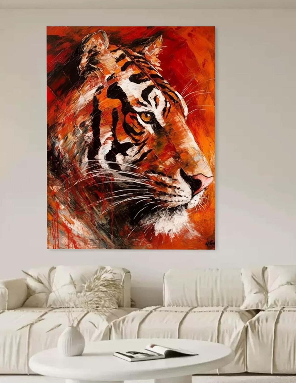 Abstract Fiery Orange Tiger Portrait Impressionist Wild Cat Canvas Wall Art - Image 2