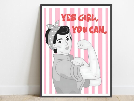 Yes Girl You Can Retro Flexing Woman Pink Stripes Girl Power Poster
