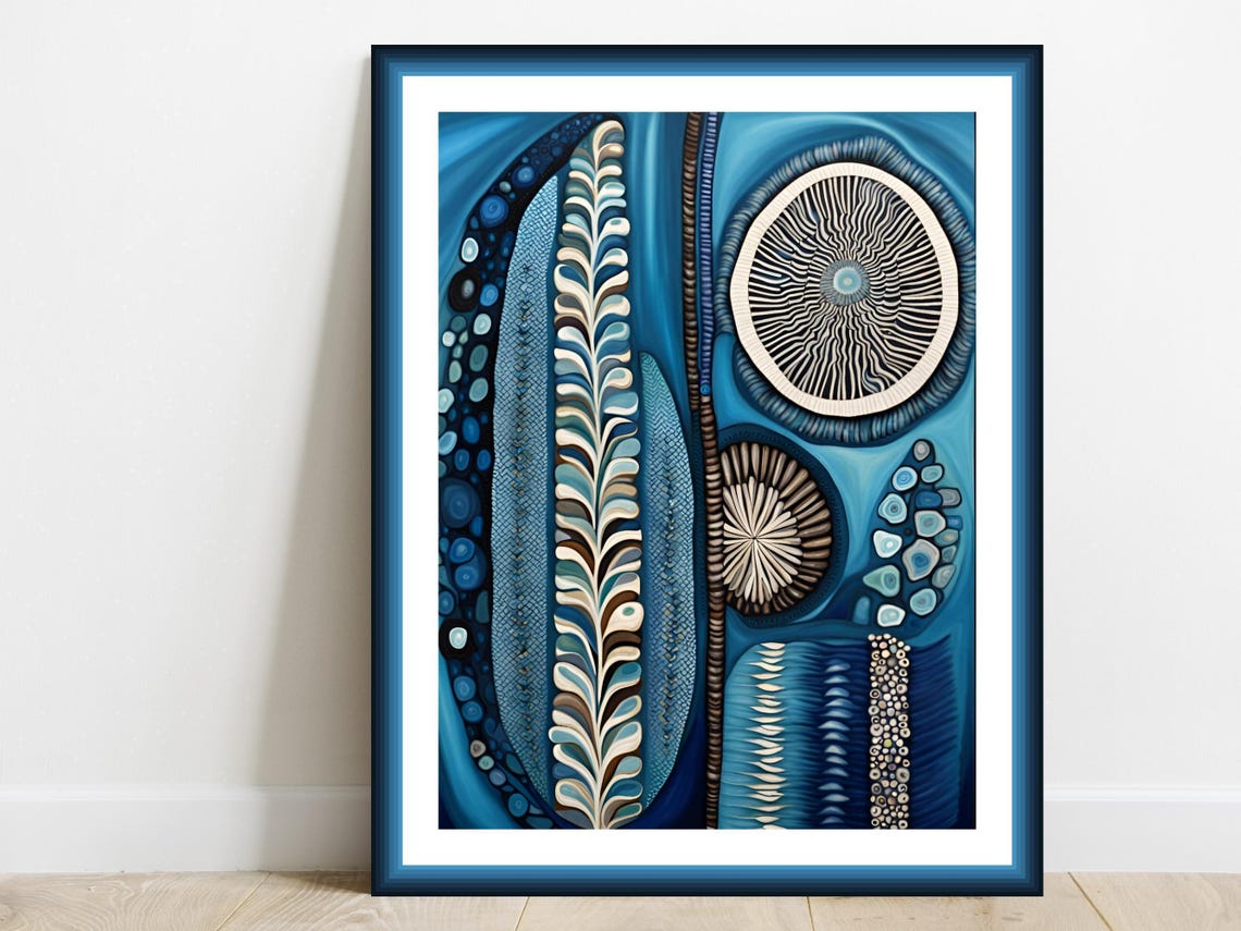 Modern Blue Botanical Leaf Pattern Abstract Decorative Art Poster