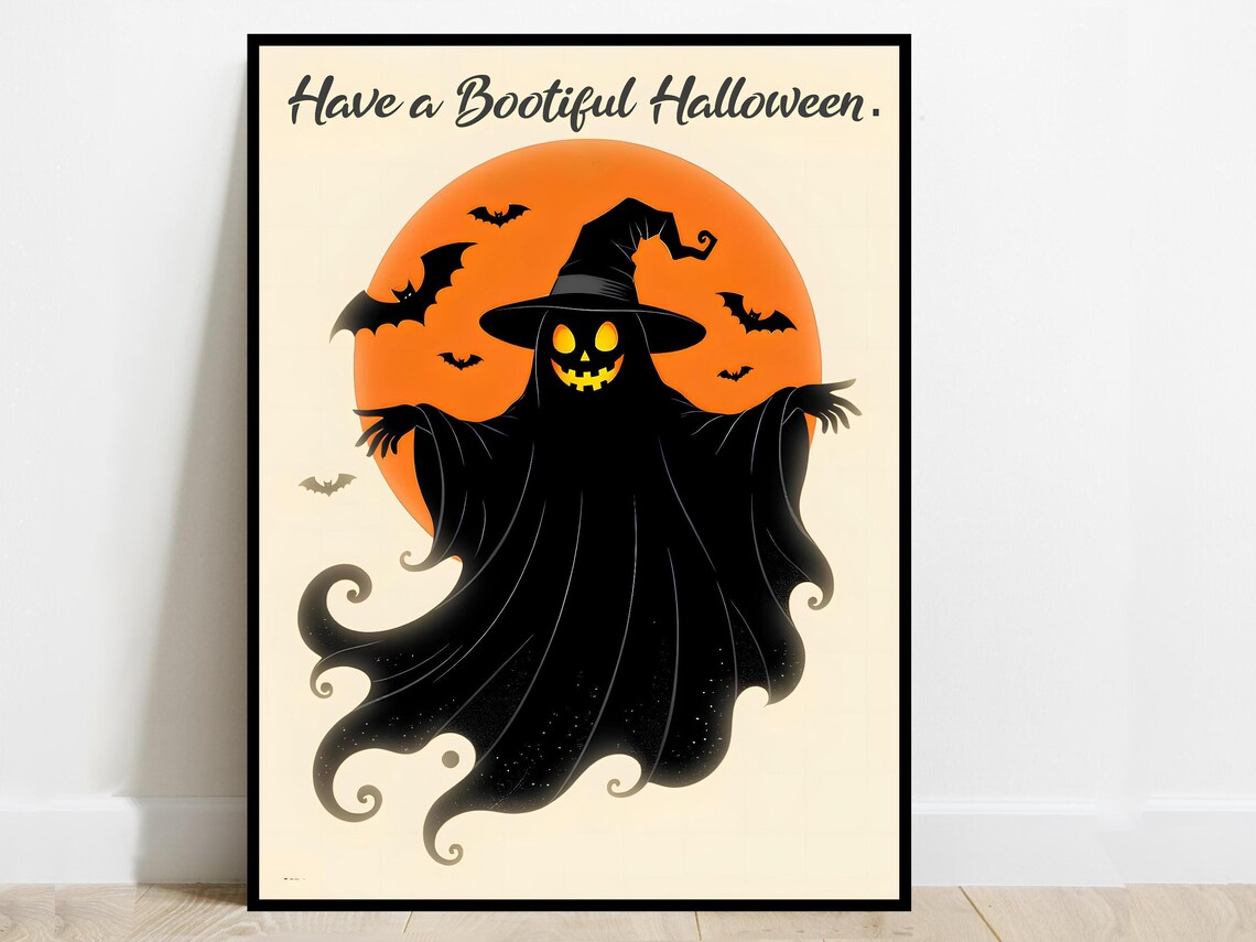 Have A Bootiful Halloween Poster Pumpkin Witch Hat Ghost Orange Moon Bats Decor