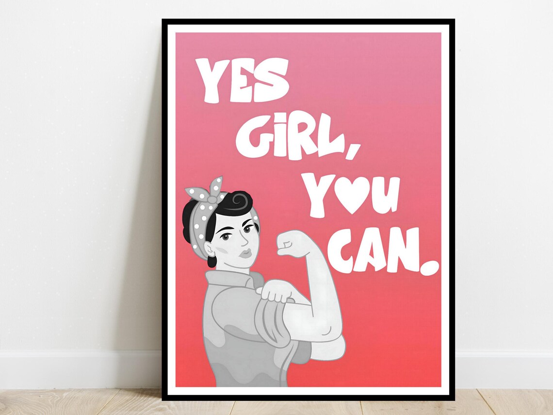 Yes Girl You Can Retro Woman Pink Coral Art Girl Power Poster
