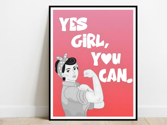 Yes Girl You Can Retro Woman Pink Coral Art Girl Power Poster