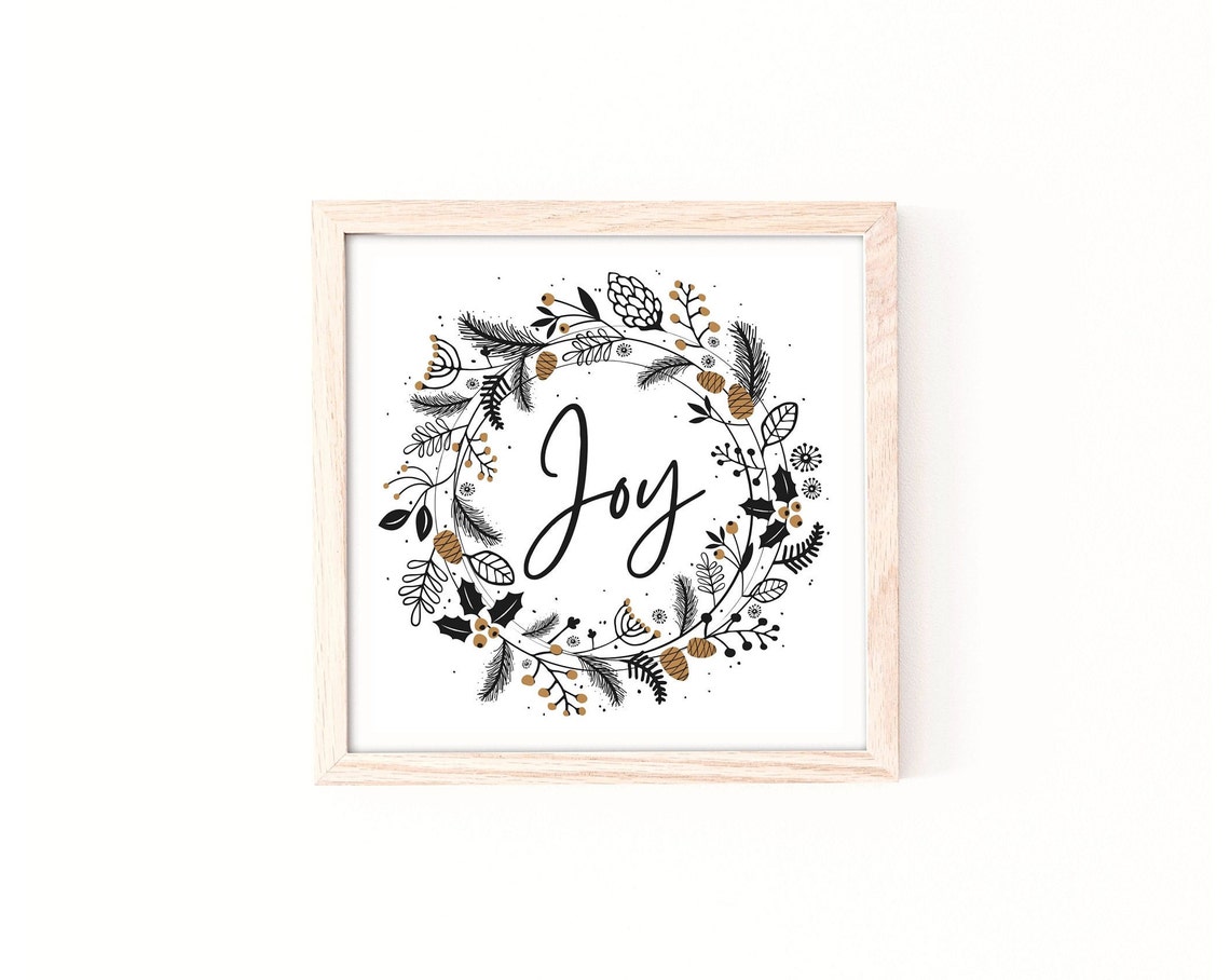 Joy Script Botanical Wreath Gold Holiday Art Wall Decor Poster - Image 3