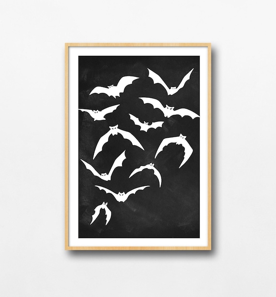 White Bats Chalkboard Black Halloween Silhouette Wall Decor Poster