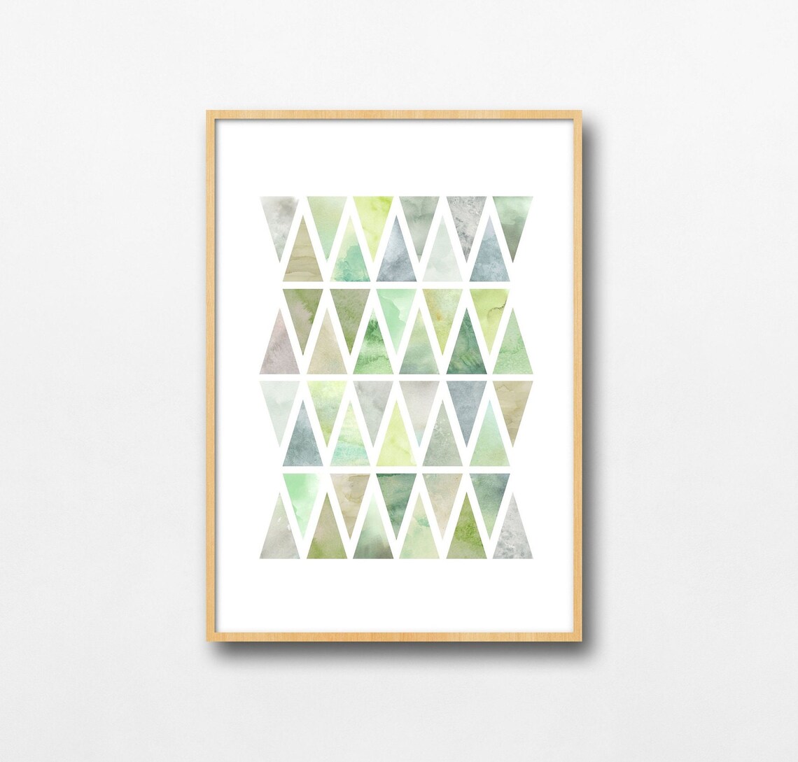 Neutral Multicolor Geometric Triangle Grid Print Watercolor Modern Abstract Decor Earth Tone Green Gray Blue Versatile