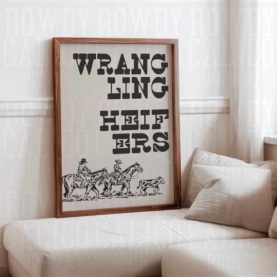 Wrangling Heifers Cowboy Western Vintage Style Prints Minimalist Neutral Colors Trendy Wall Art Posters Tan