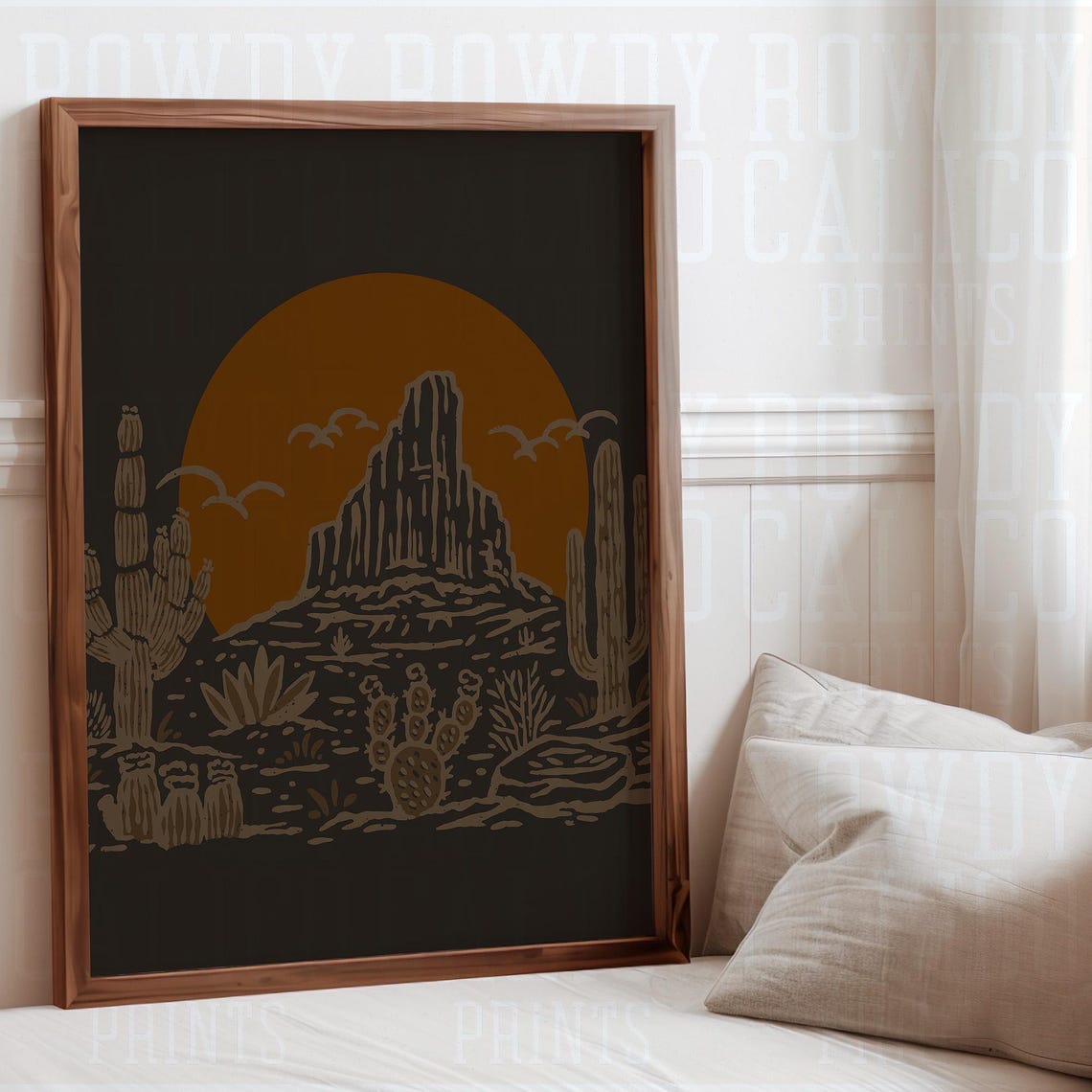 Desert Butte Orange Sun Cactus Night Scene Western Art Poster