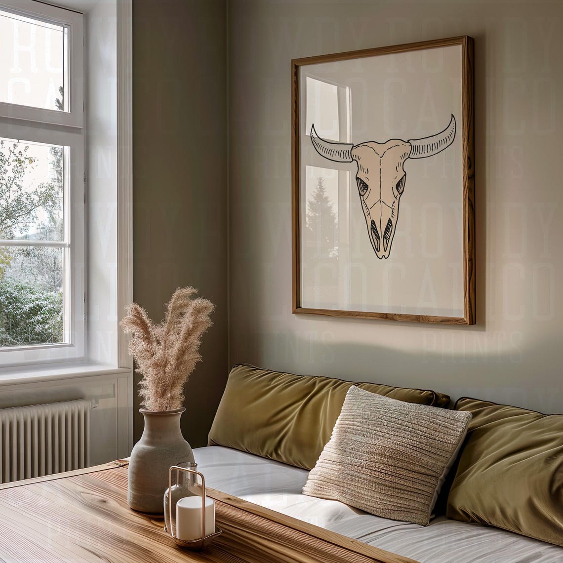 Minimalist Longhorn Cowboy Skull Line Drawing Neutral Western Poster