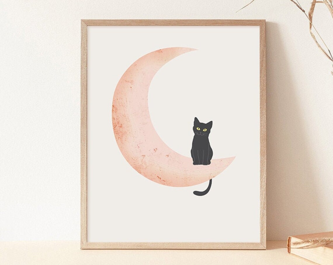 Moon and Cat Neutral Boho Wall Art Print