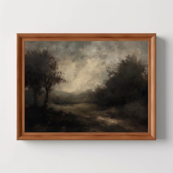 Vintage Moody Dark Landscape Rustic Forest Wall Art Antique Oil Painting Farmhouse Room Decor