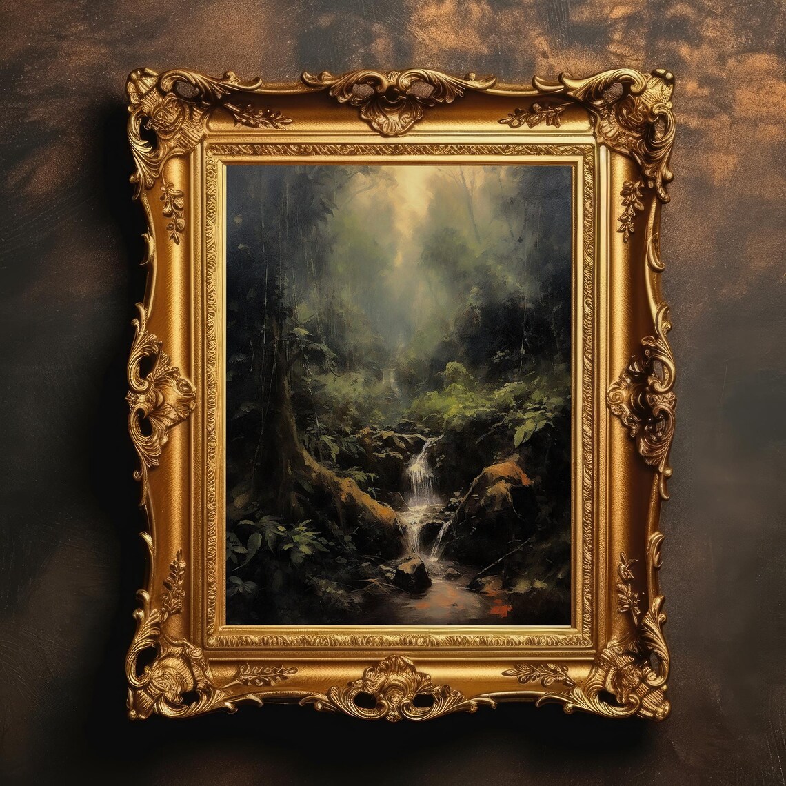 Moody Jungle Waterfall Dark Forest Vintage Oil Painting Wall Art