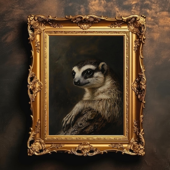 Meerkat Portrait Ornate Gold Frame Dark Vintage Oil Painting Poster