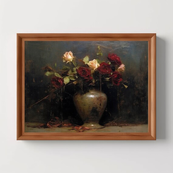 Roses in Vase Still Life, Dark Academia Vintage Art Print