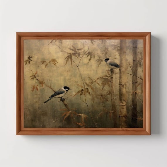 Birds Bamboos Antique Oil Painting Vintage Chinese Landscape Oriental Dark Academia
