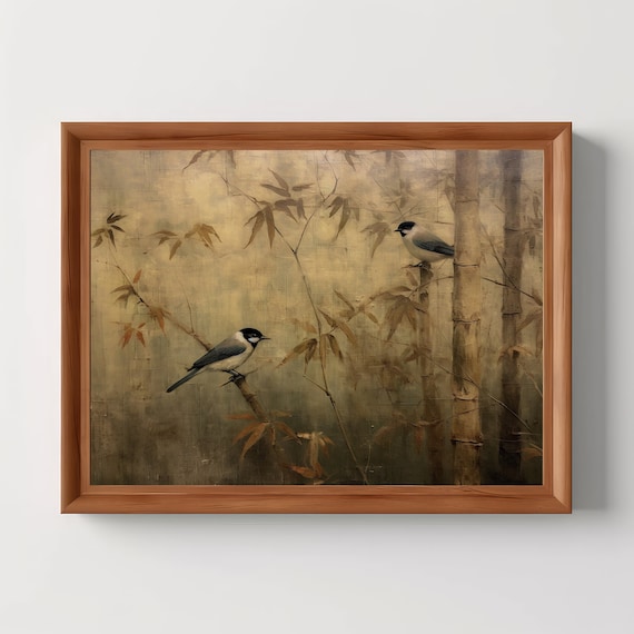 Chickadees Perched On Bamboo Antique Asian Ink Wash Art Print