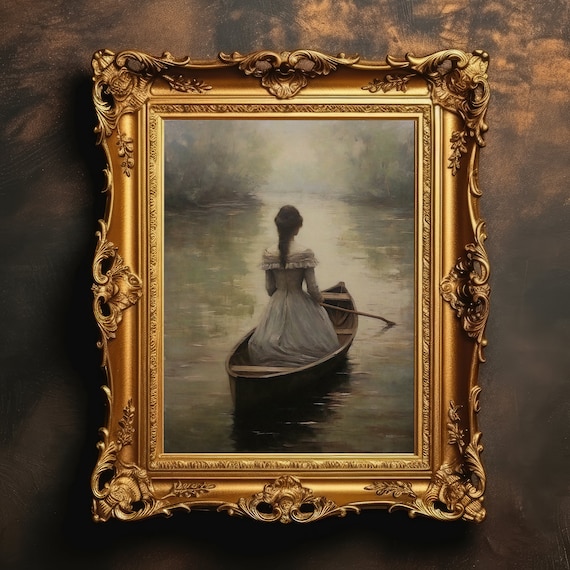 Woman Rowing Boat On Misty River Victorian Painting Wall Art