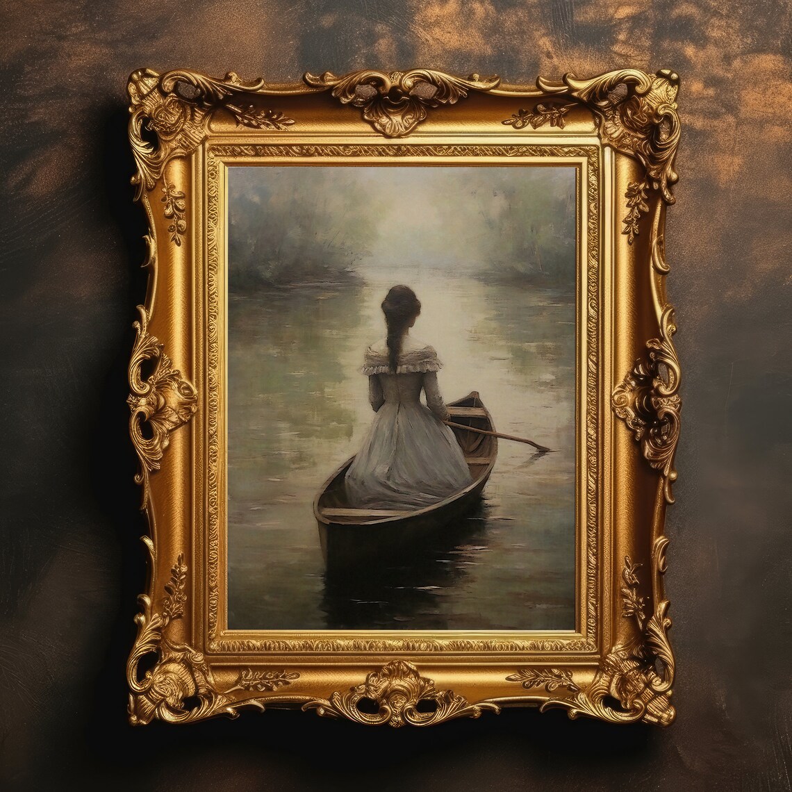 Woman Rowing Boat On Misty River Victorian Painting Wall Art