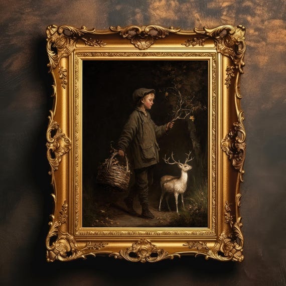 Boy And White Stag Forest Art Vintage Oil Painting Moody Wall Dark Academia Rustic Victorian Decor