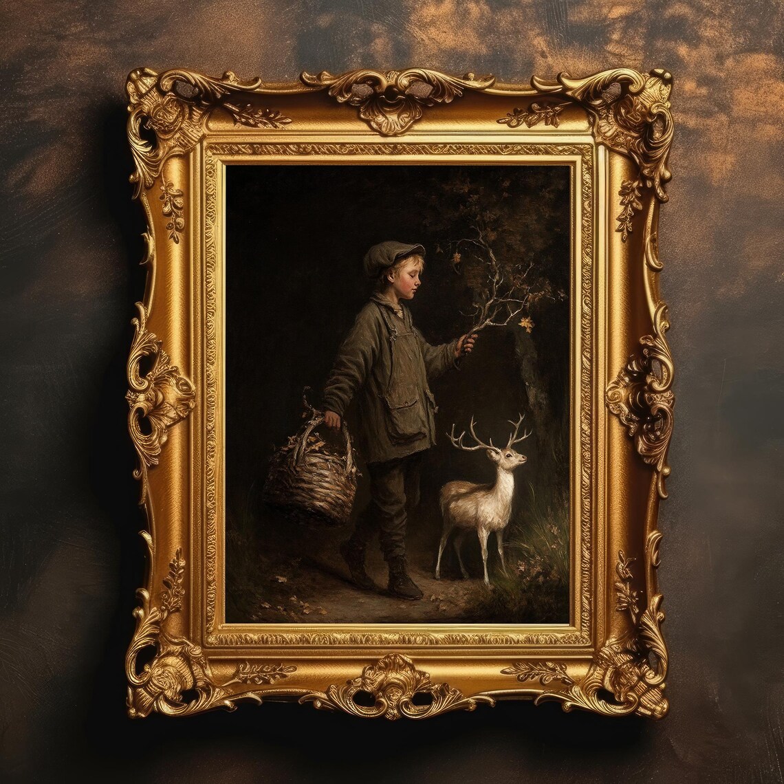 Boy Meeting White Stag In Dark Forest Vintage Oil Painting Print