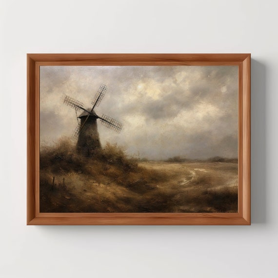 Vintage Windmill Landscape Print Rustic Cabin Decor Moody Sky Painting Above Bed Poster Cloud