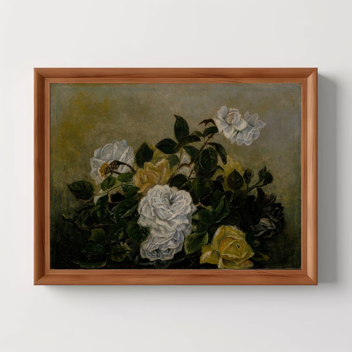 Moody White Roses Still Life Vintage Dark Academia Botanical Print