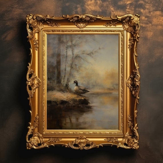 Duck Lake Trees Landscape Moody Wall Art Farmhouse Decor Vintage Antique Oil Painting