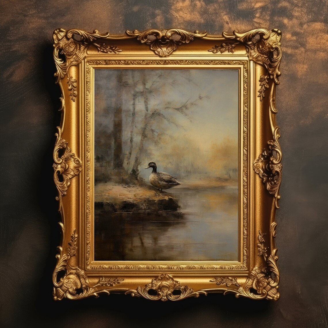 Solitary Duck on a Misty Lake Shore Vintage Oil Painting Poster